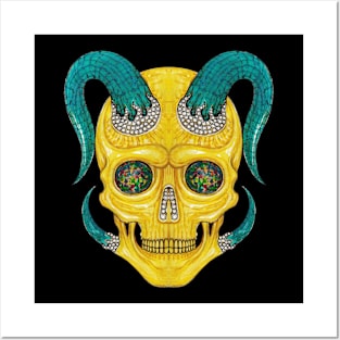 Demon skull set with diamond opal turquoise and gold. Posters and Art